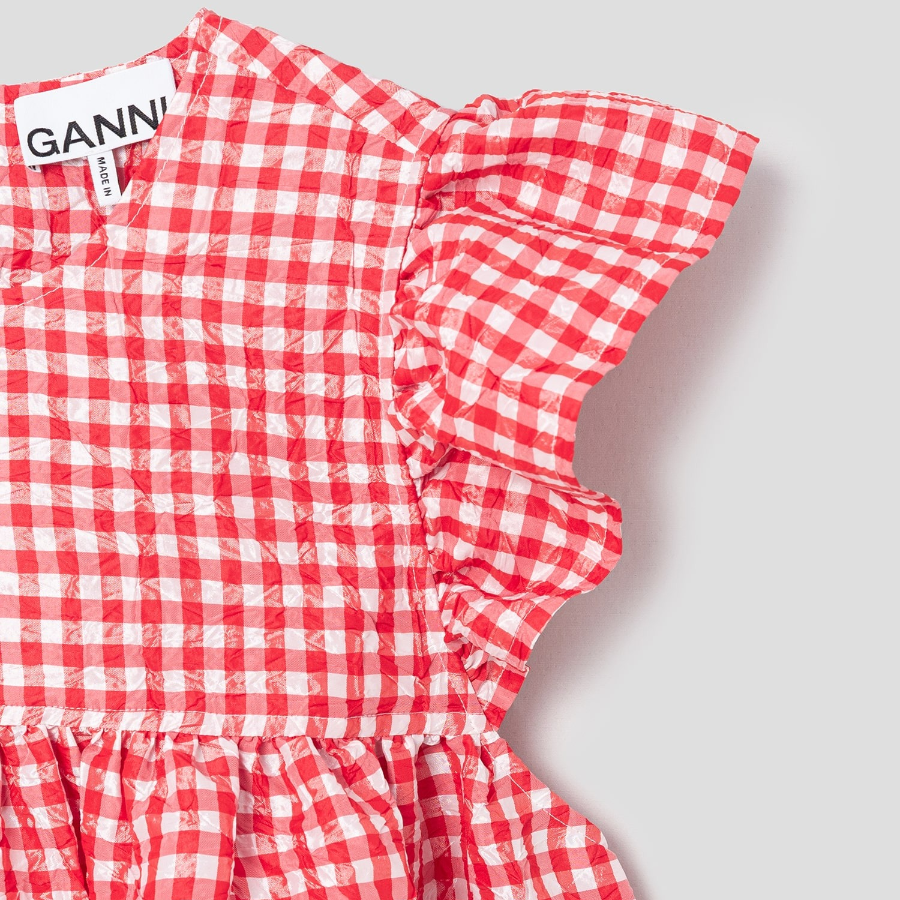 GANNI Crinkled Taffeta Check Frill Mini Dress - Red