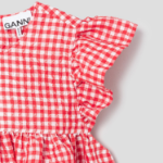 GANNI Crinkled Taffeta Check Frill Mini Dress - Red