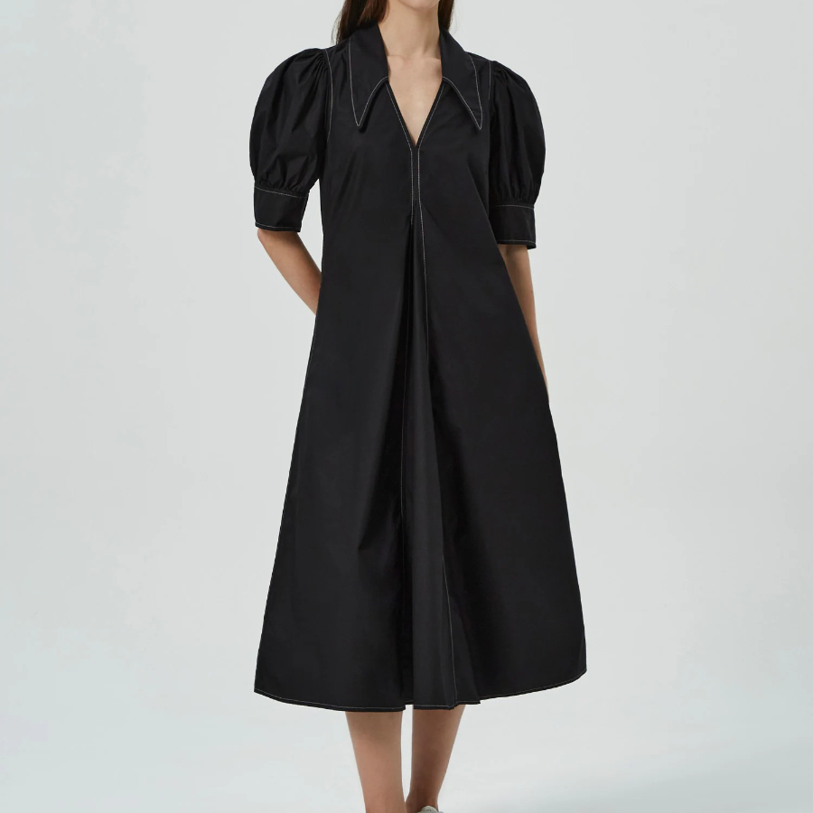 GANNI Cotton Poplin V-Neck Maxi Dress - Black