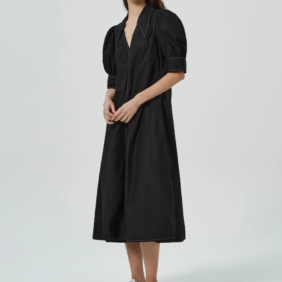 GANNI Cotton Poplin V-Neck Maxi Dress - Black
