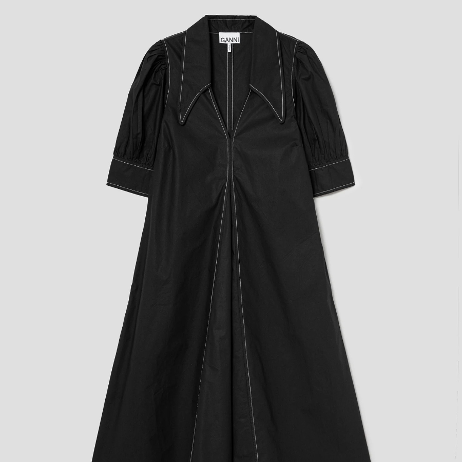 GANNI Cotton Poplin V-Neck Maxi Dress - Black