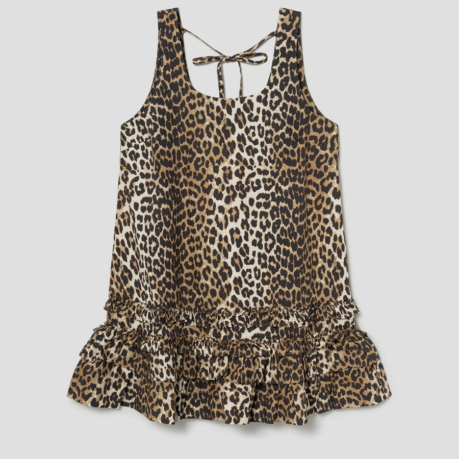 GANNI Printed Cotton Poplin U-neck Mini Dress - Brown