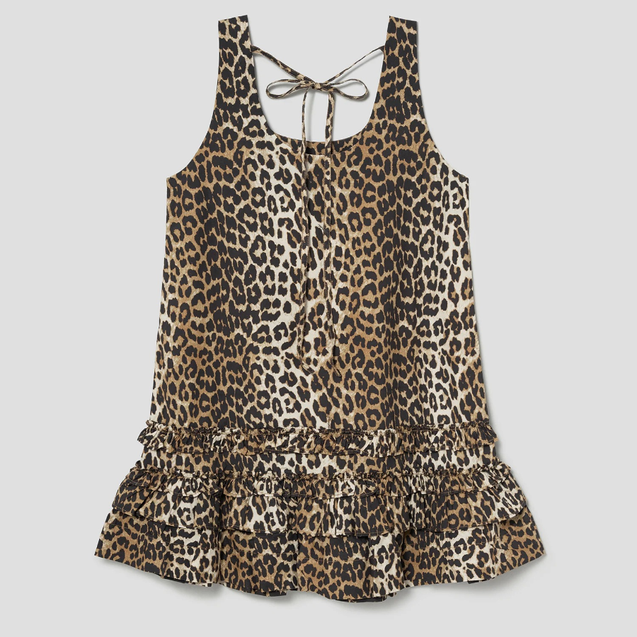 GANNI Printed Cotton Poplin U-neck Mini Dress - Brown