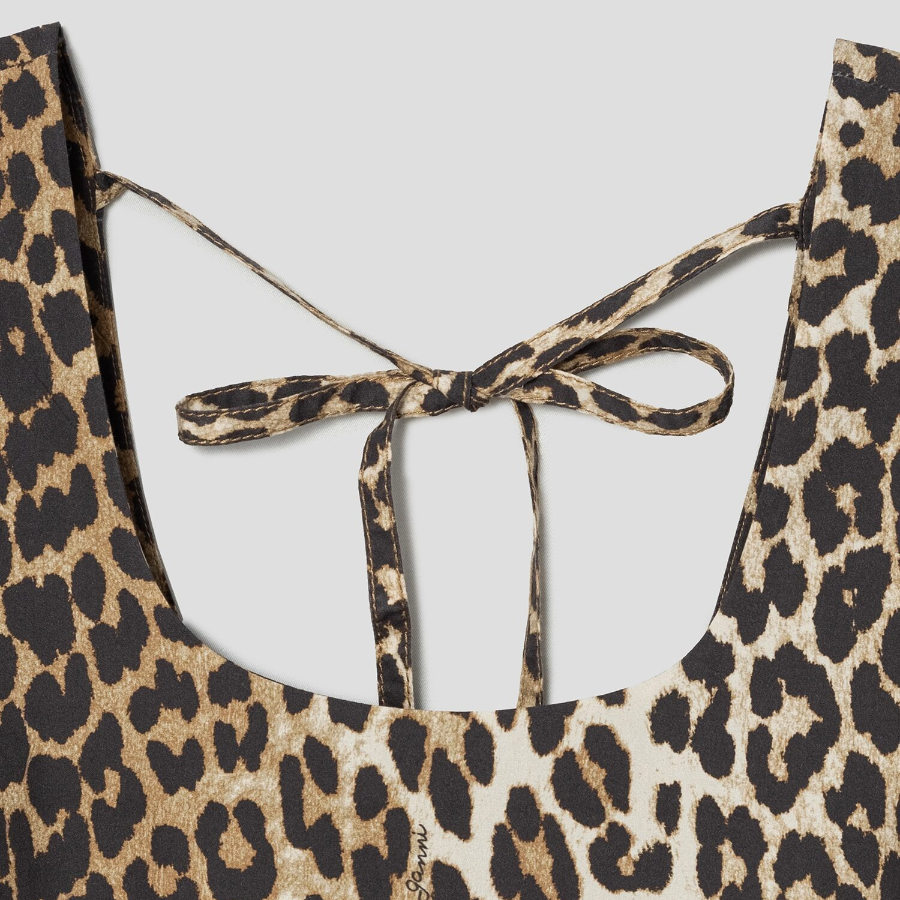 GANNI Printed Cotton Poplin U-neck Mini Dress - Brown