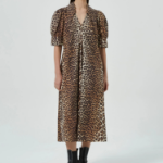 GANNI Printed Cotton Poplin V-neck Long Dress - Brown