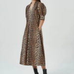 GANNI Printed Cotton Poplin V-neck Long Dress - Brown