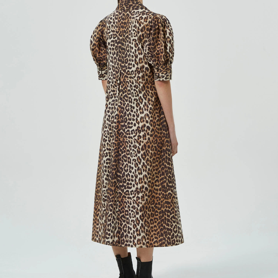 GANNI Printed Cotton Poplin V-neck Long Dress - Brown