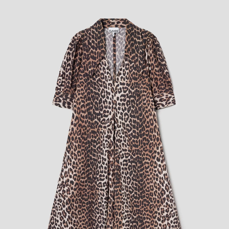 GANNI Printed Cotton Poplin V-neck Long Dress - Brown