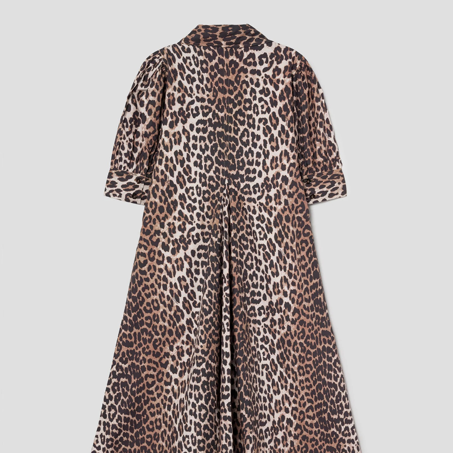 GANNI Printed Cotton Poplin V-neck Long Dress - Brown