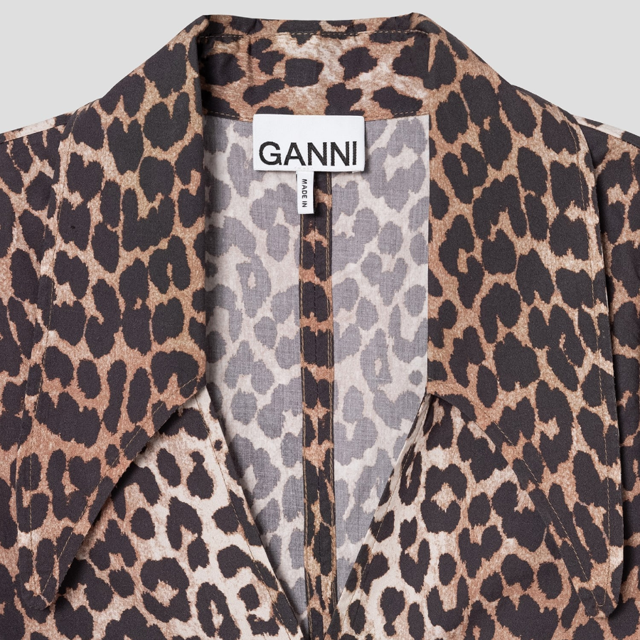 GANNI Printed Cotton Poplin V-neck Long Dress - Brown