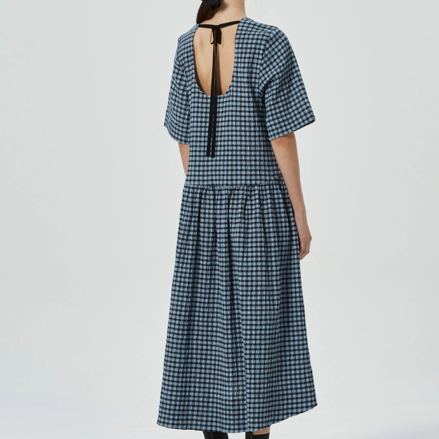 GANNI Seersucker Check Midi Dress - Sky Blue