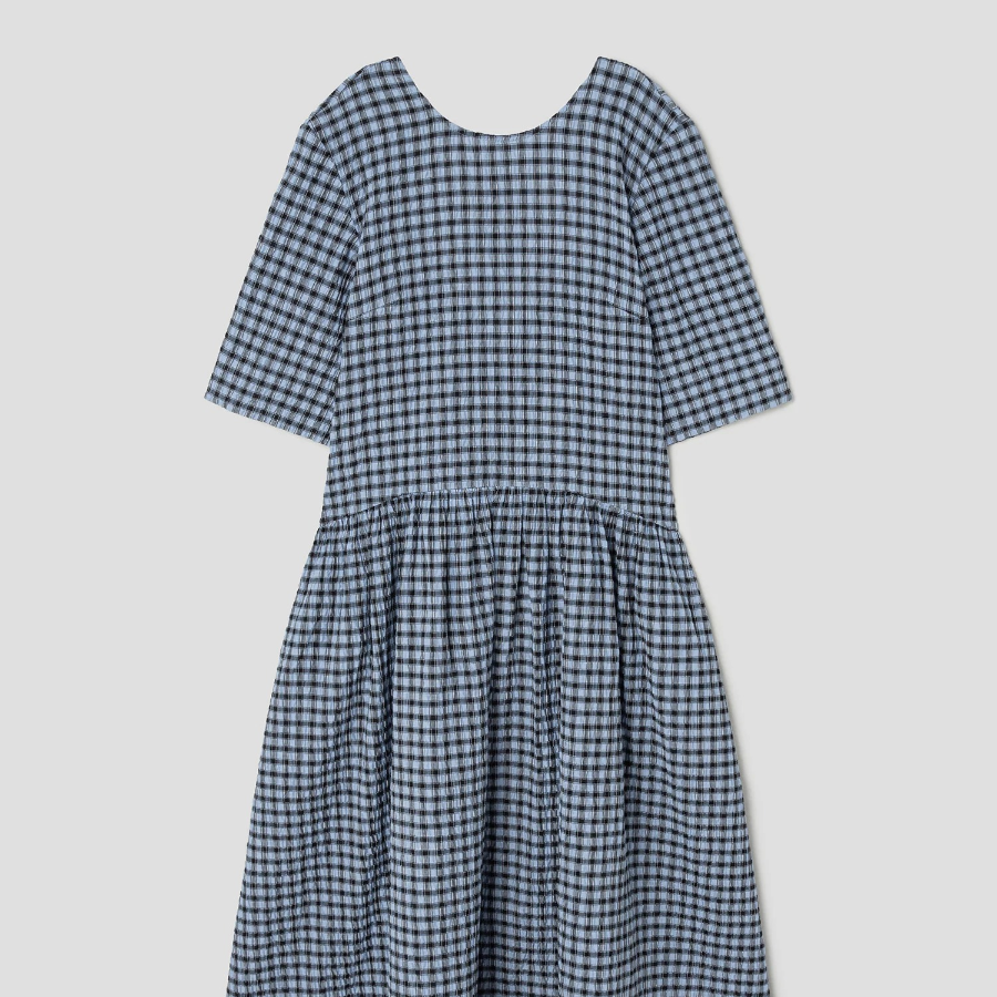 GANNI Seersucker Check Midi Dress - Sky Blue