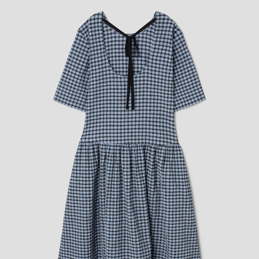 GANNI Seersucker Check Midi Dress - Sky Blue