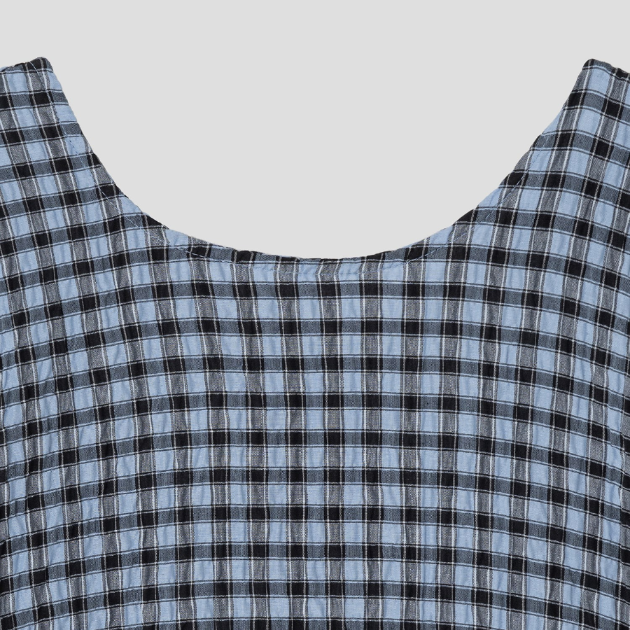 GANNI Seersucker Check Midi Dress - Sky Blue