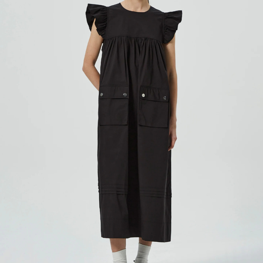 GANNI Stretch Cotton Frill Sleeve Dress - Black