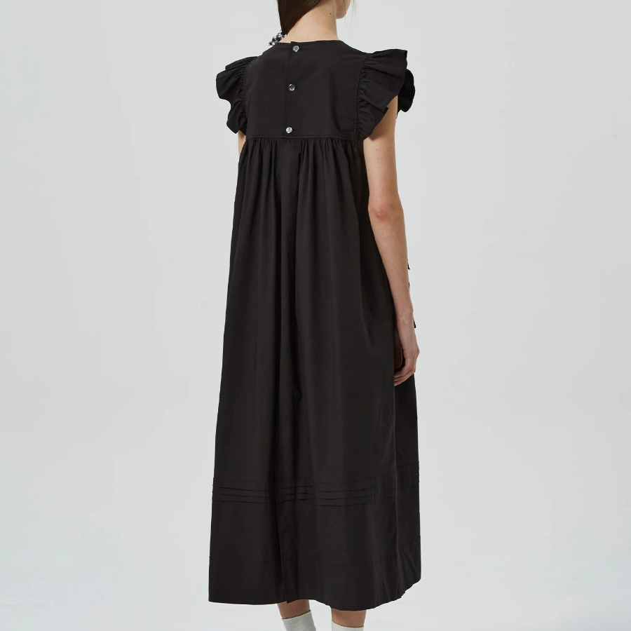 GANNI Stretch Cotton Frill Sleeve Dress - Black