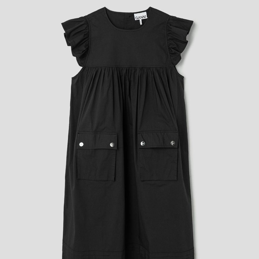 GANNI Stretch Cotton Frill Sleeve Dress - Black