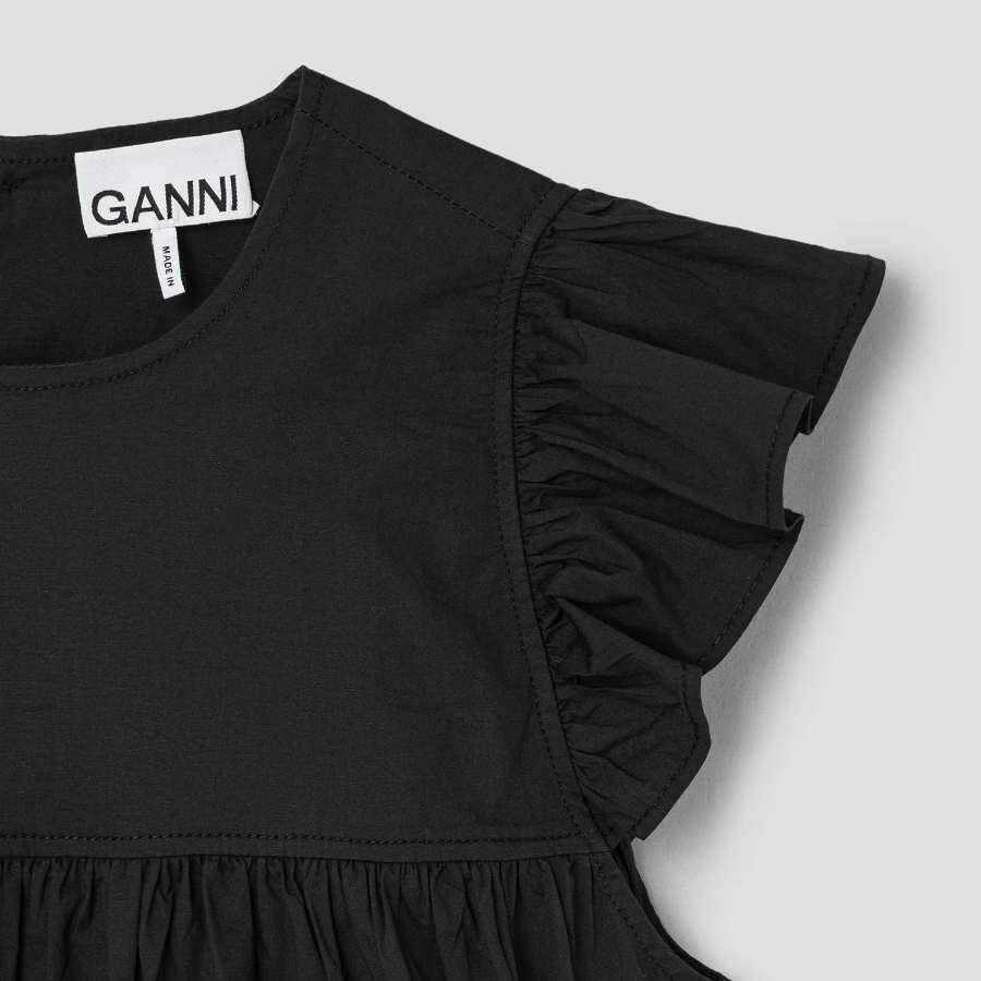 GANNI Stretch Cotton Frill Sleeve Dress - Black