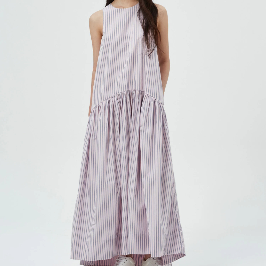 GANNI Overdyed Stripe Cotton Long Dress - Light Pink