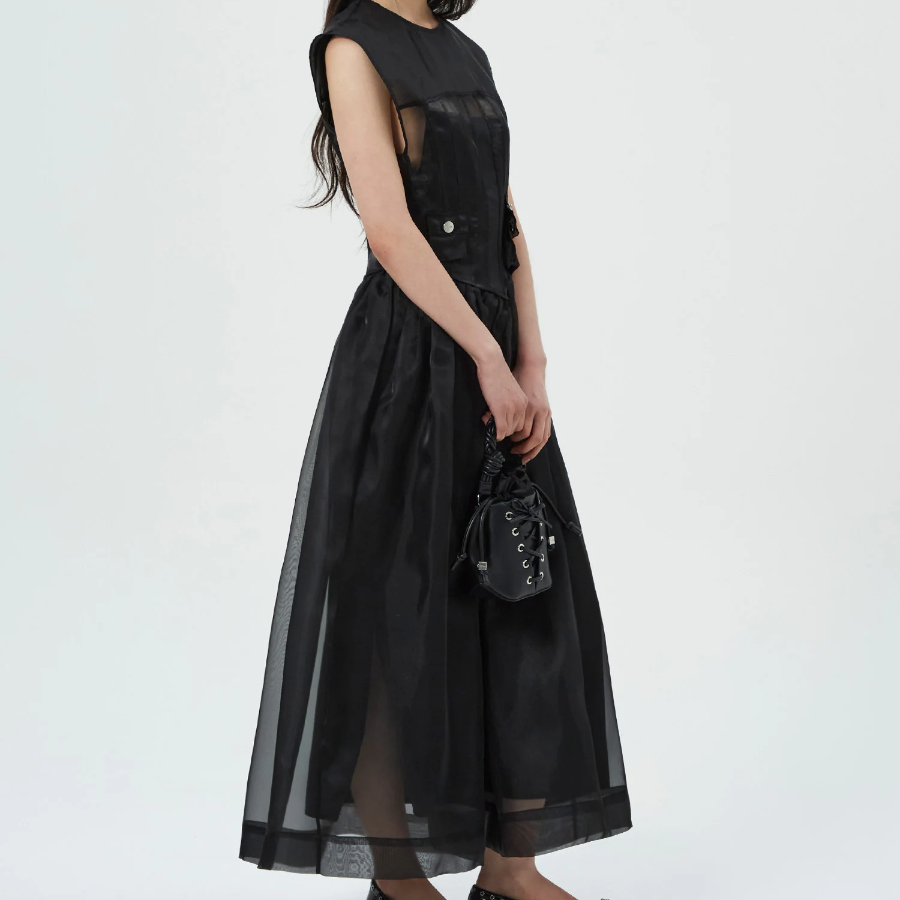 GANNI Technical Organza Corset Midi Dress - Black