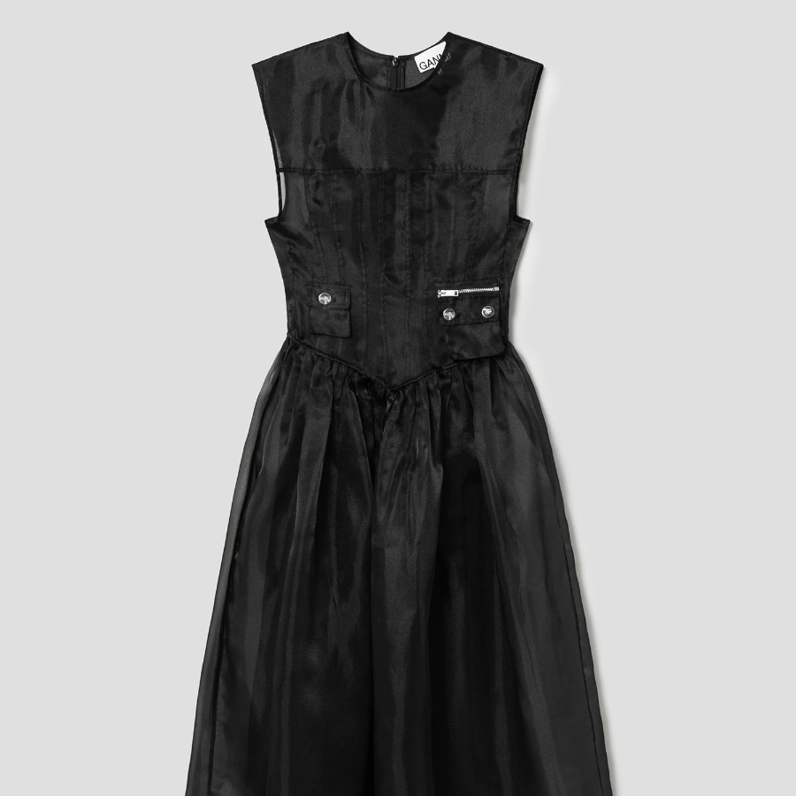 GANNI Technical Organza Corset Midi Dress - Black