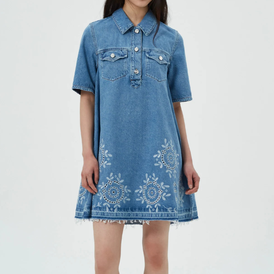 GANNI Broderie Anglaise Denim Mini Dress - Sky Blue