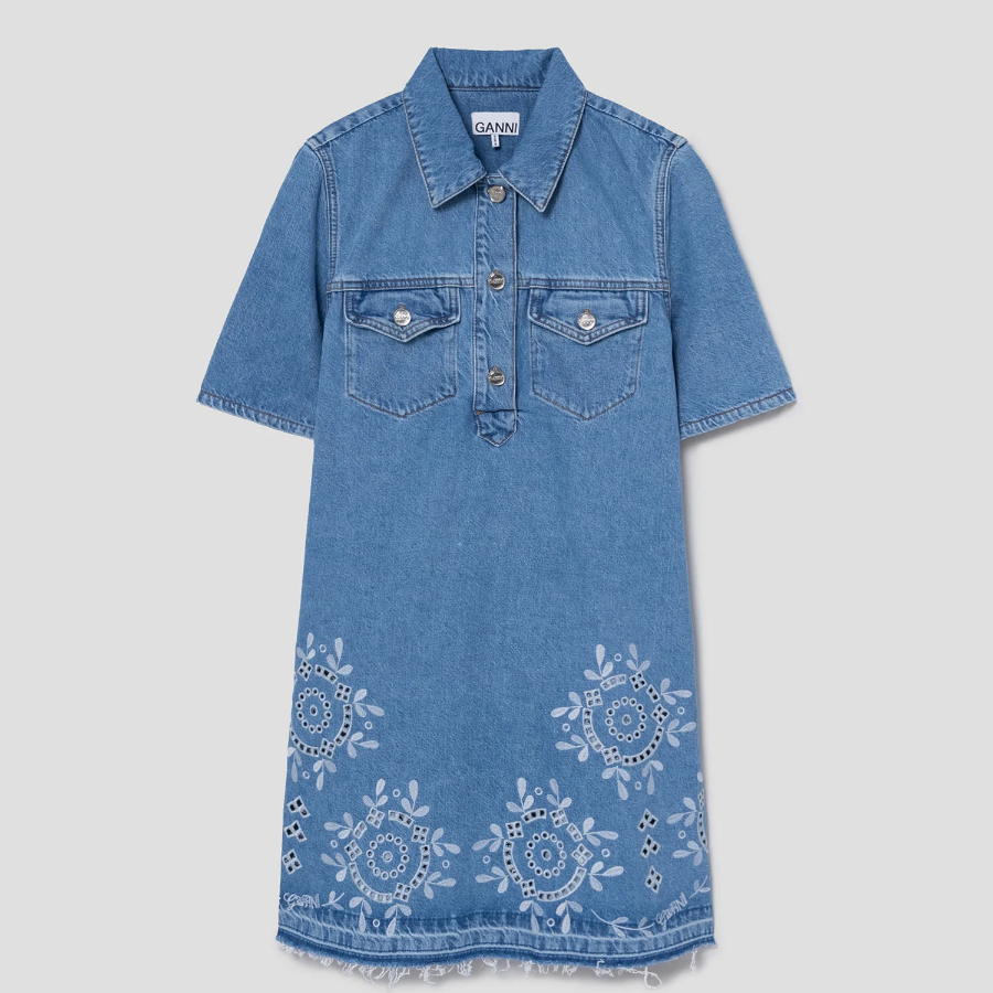 GANNI Broderie Anglaise Denim Mini Dress - Sky Blue