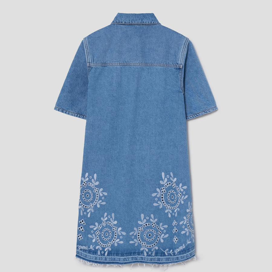 GANNI Broderie Anglaise Denim Mini Dress - Sky Blue