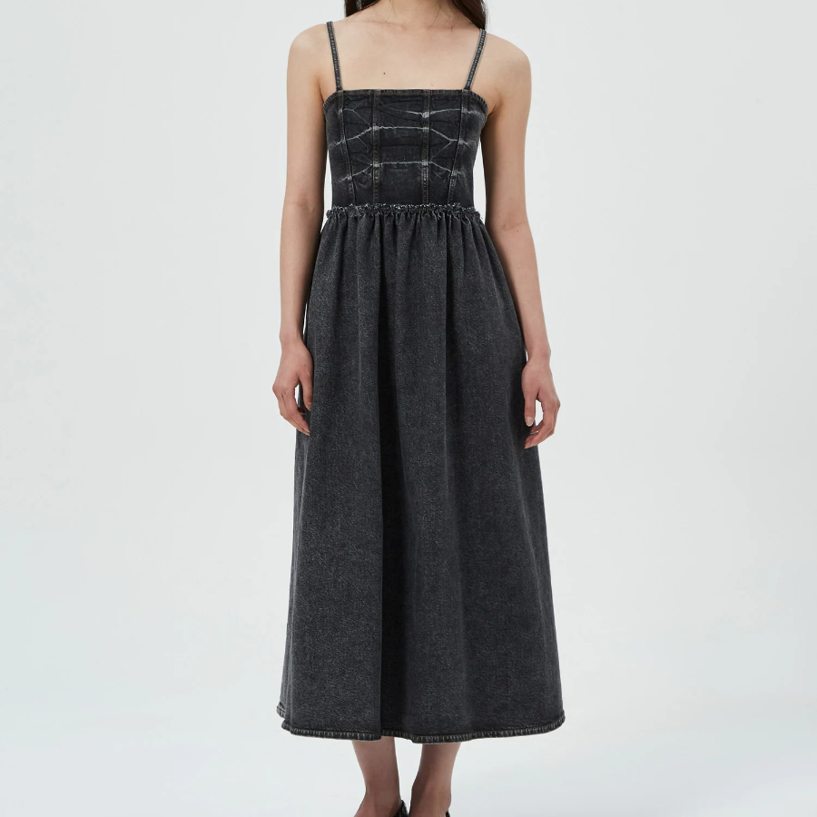GANNI Stretch Future Denim Strap Midi Dress - Black