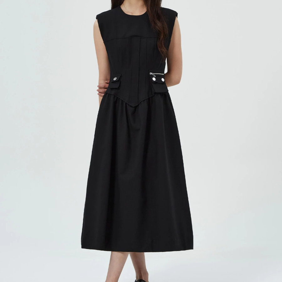 GANNI Heavy Cotton Tailoring Corset Midi Dress - Black