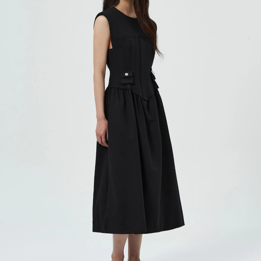 GANNI Heavy Cotton Tailoring Corset Midi Dress - Black