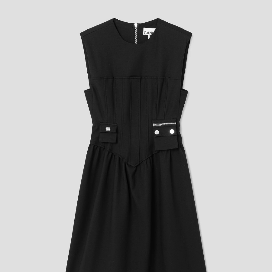GANNI Heavy Cotton Tailoring Corset Midi Dress - Black