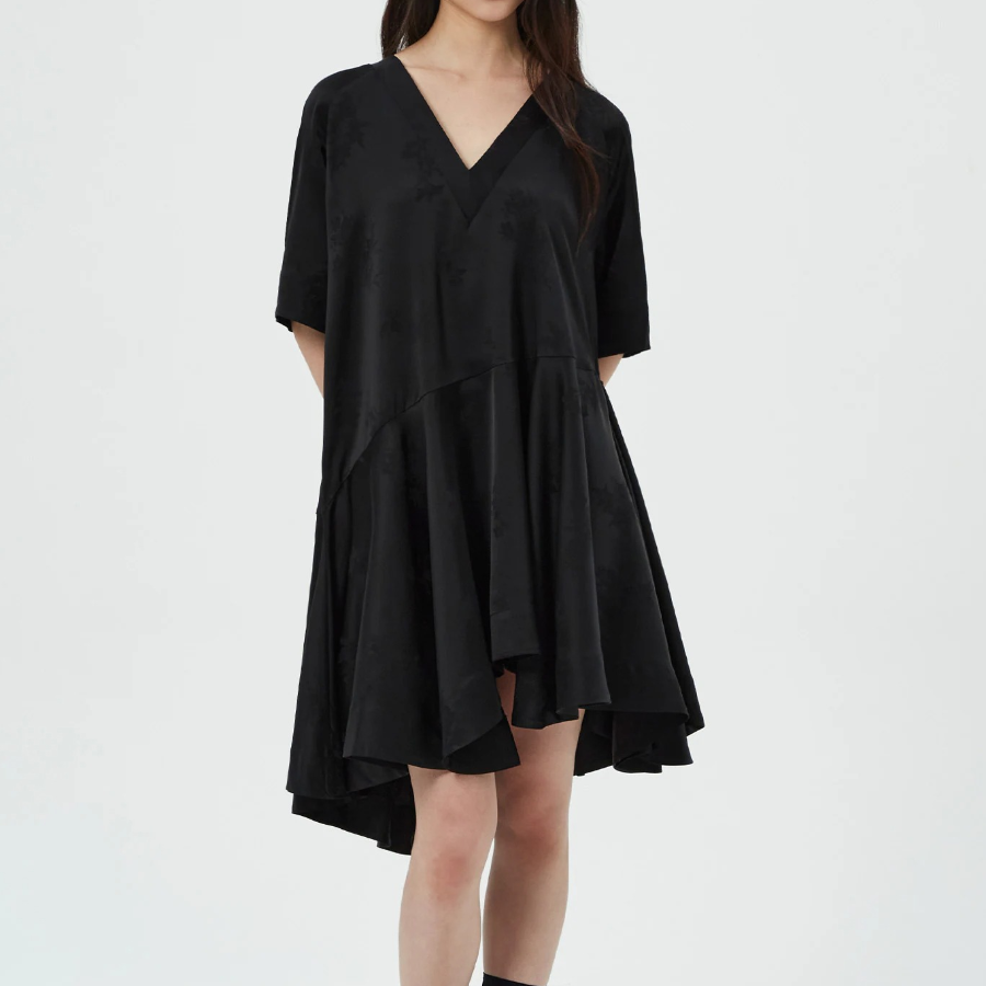 GANNI Fluid Satin Jacquard Oversized Mini Dress - Black