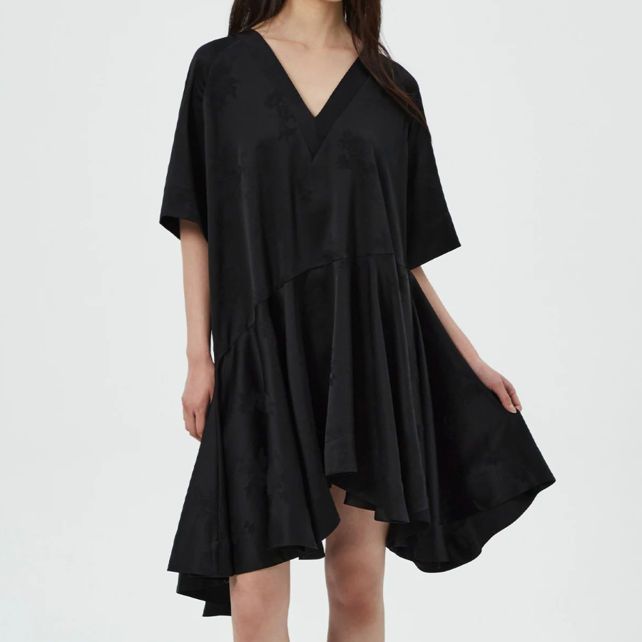 GANNI Fluid Satin Jacquard Oversized Mini Dress - Black