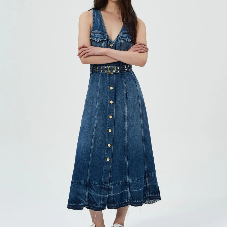 GANNI Light Denim Belt Midi Dress - Blue