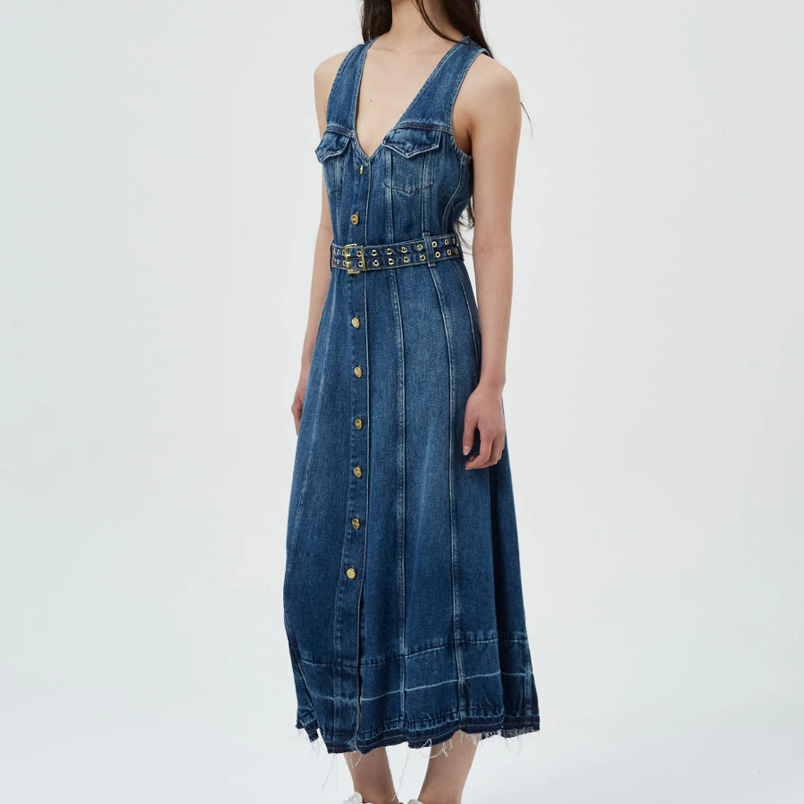 GANNI Light Denim Belt Midi Dress - Blue