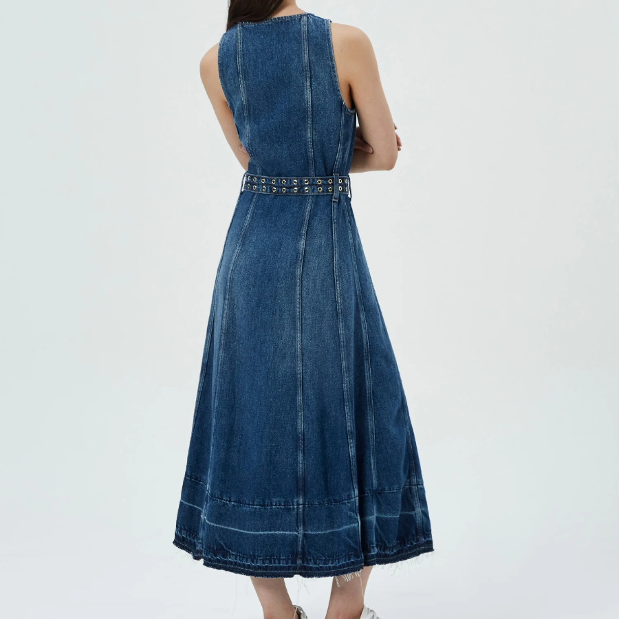 GANNI Light Denim Belt Midi Dress - Blue
