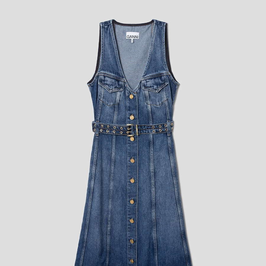 GANNI Light Denim Belt Midi Dress - Blue