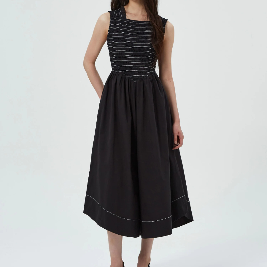 GANNI Washed Stretch Cotton Smock Midi Straps Dress - Black