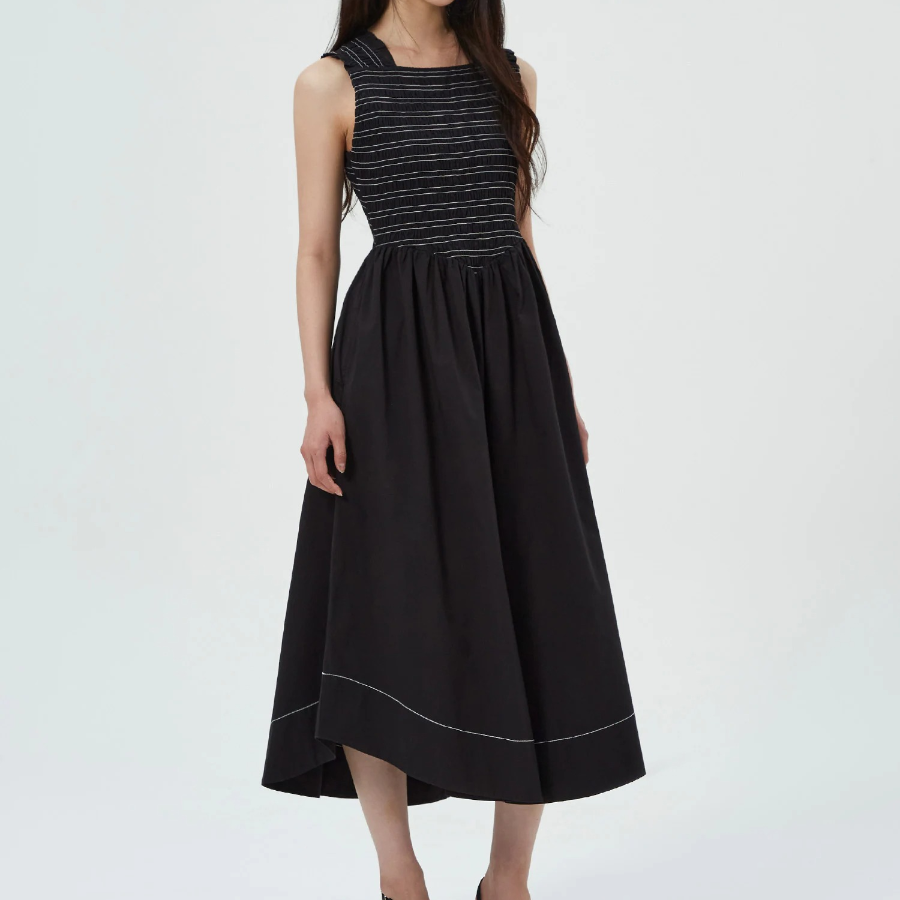 GANNI Washed Stretch Cotton Smock Midi Straps Dress - Black