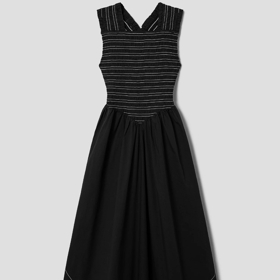 GANNI Washed Stretch Cotton Smock Midi Straps Dress - Black