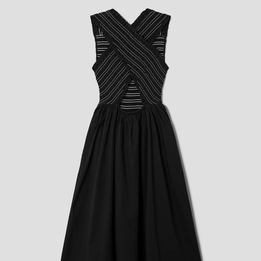 GANNI Washed Stretch Cotton Smock Midi Straps Dress - Black