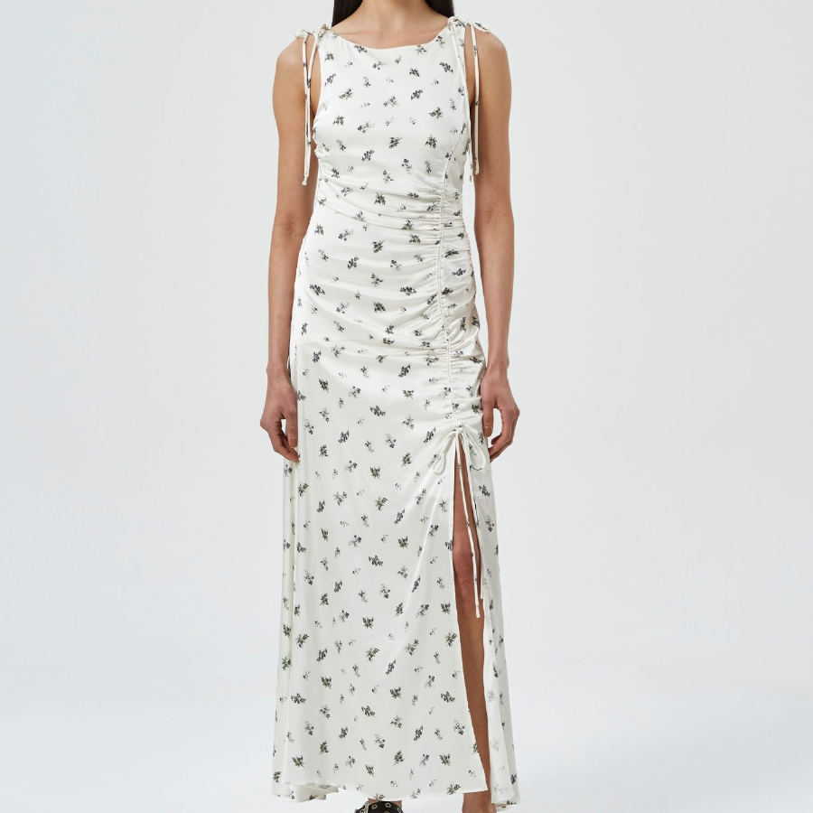 GANNI Printed Satin Gathered Long Dress - Egret