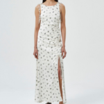 GANNI Printed Satin Gathered Long Dress - Egret