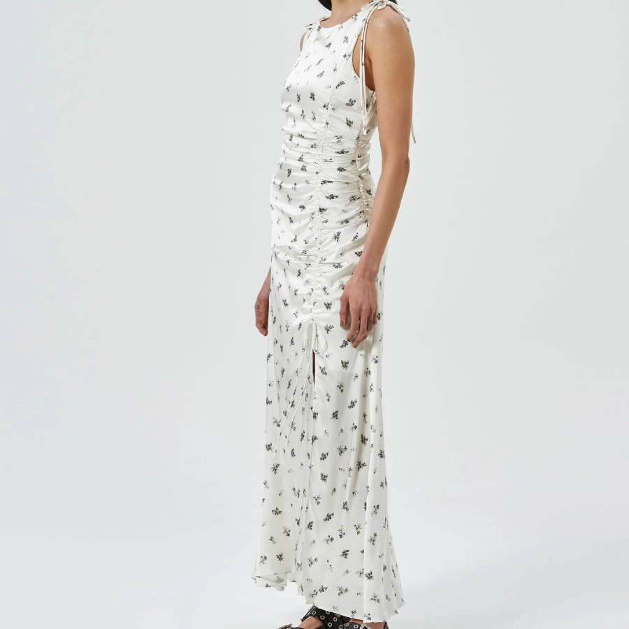 GANNI Printed Satin Gathered Long Dress - Egret