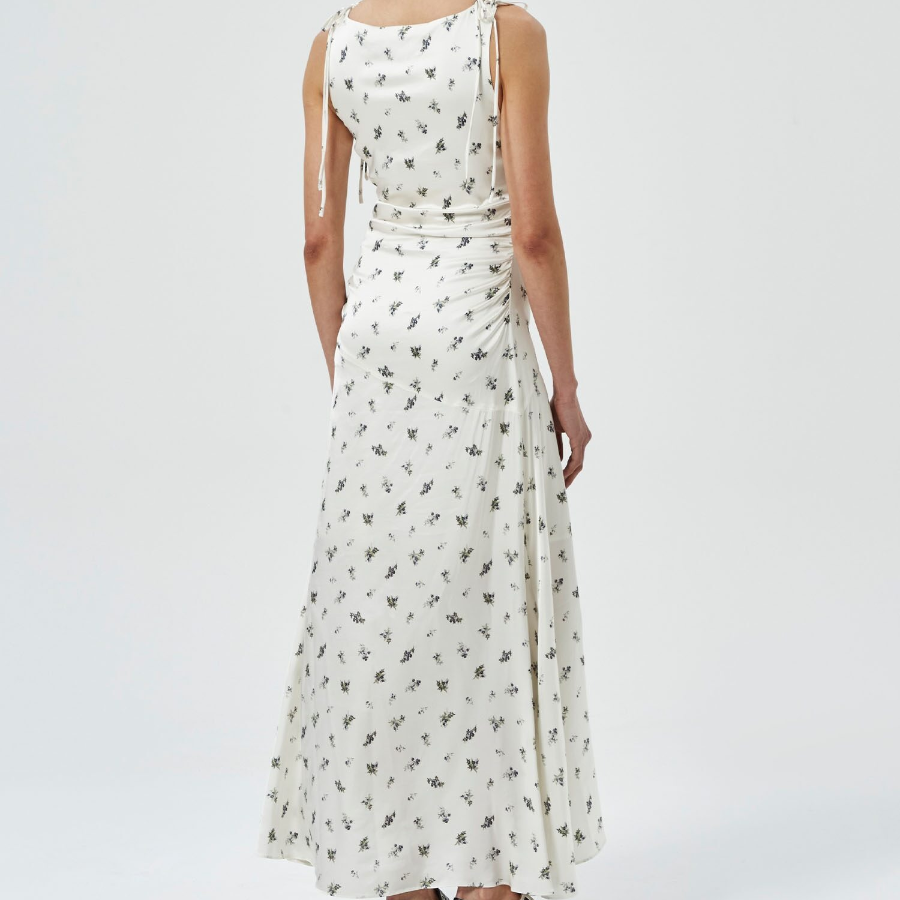 GANNI Printed Satin Gathered Long Dress - Egret