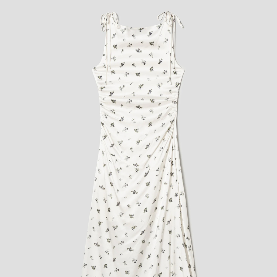 GANNI Printed Satin Gathered Long Dress - Egret