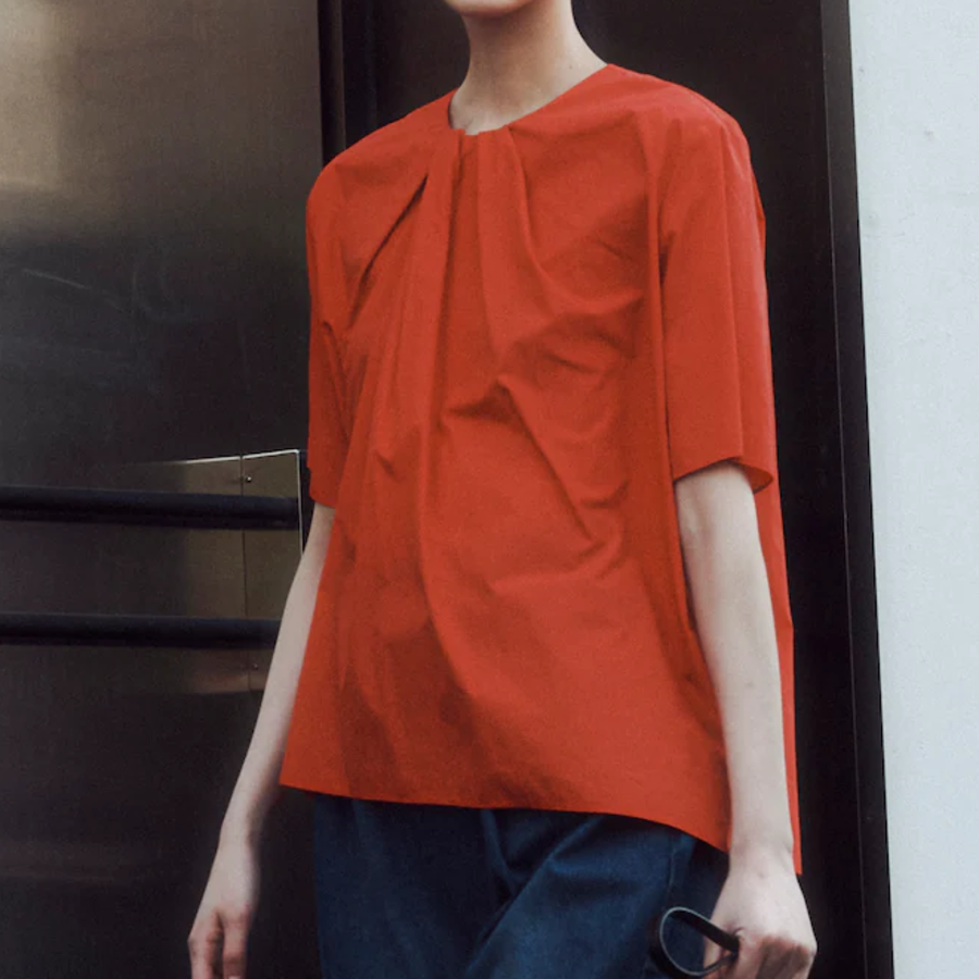 KUHO Round Neck Short-Sleeved Blouse - Red