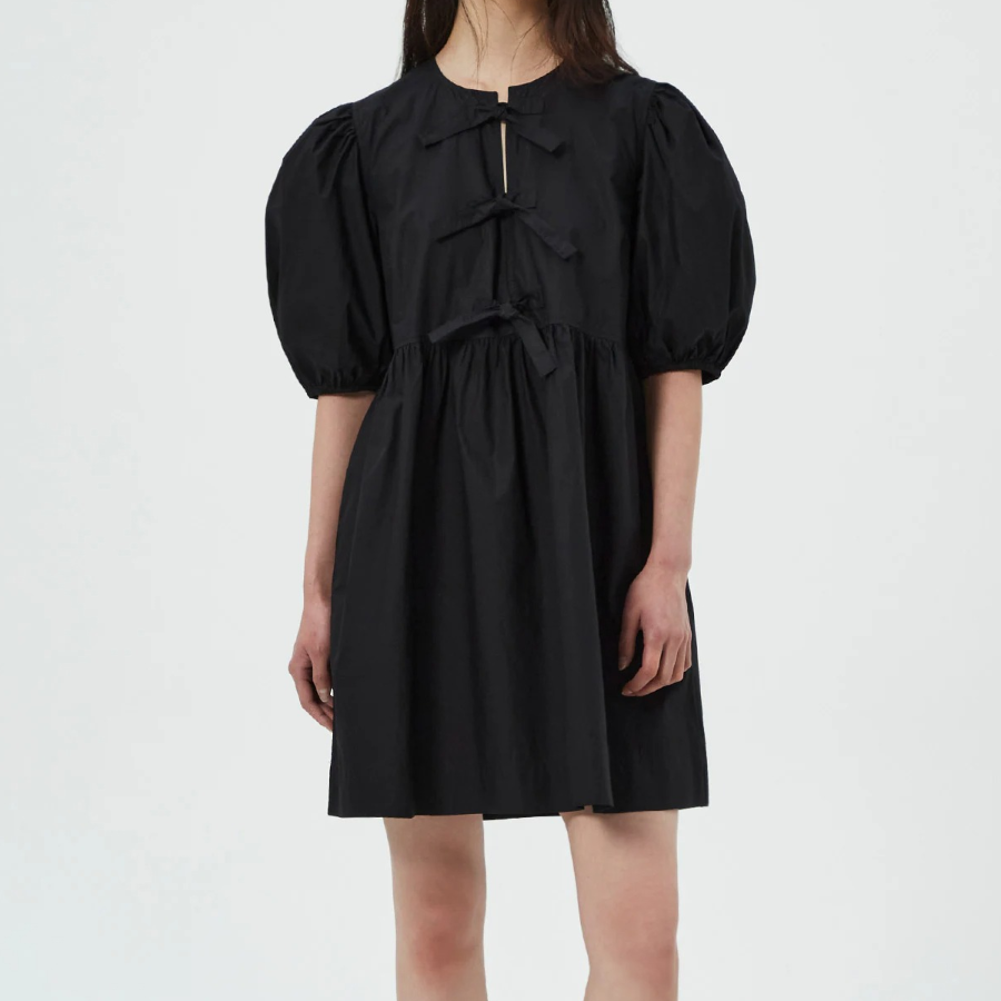 GANNI Cotton Poplin Tie String Mini Dress - Black