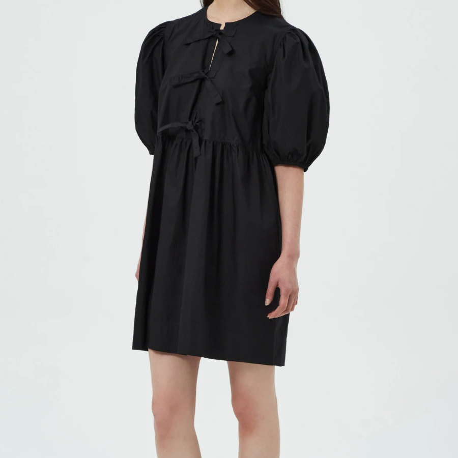 GANNI Cotton Poplin Tie String Mini Dress - Black